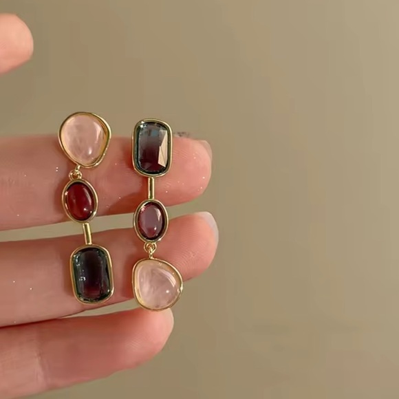 Elegant Gold and Multicolor Stone Earrings - Picture 6 of 6